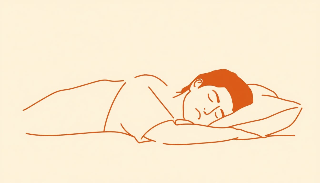 Line illustration of a person asleep in bed, resting